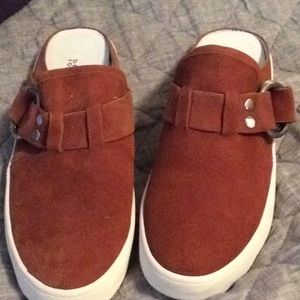 Brown suede slip ons